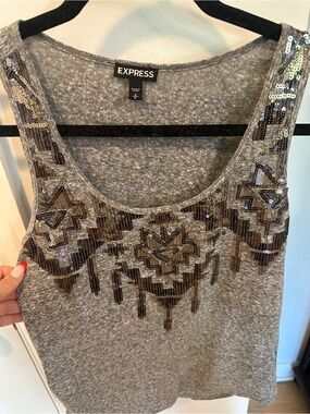 Express Gray Sequin & Beaded Scoop Neck Tank